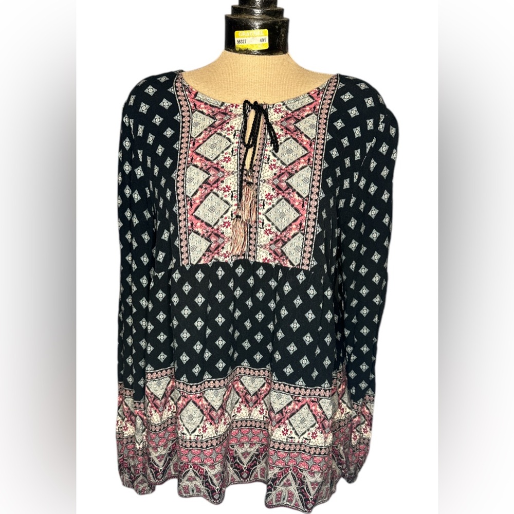 Artesia Boho Long Sleeve Floral Empire Waist Top Black Pink Size XL‎